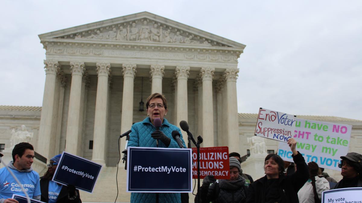 Kaptur speaking in front the Supreme Court during oral arguments in Husted v. A. Philip Randolph Institute